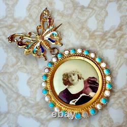 Exquisite Victorian Mourning Butterfly Brooch Charm Young Girl Portrait