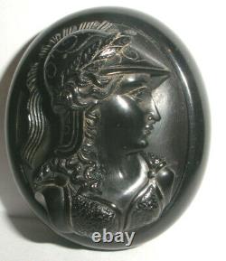 Exquisite antique Victorian whitby jet cameo brooch Athena Olympic 10k gold back