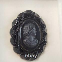 Framed Bakelite Celluloid Cameo Brooch 1930s Victorian Revival Mourning Jewelry