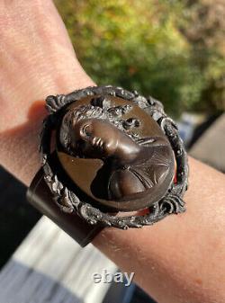 GUTTA PERCHA Antique Victorian Framed Cameo Mourning Cuff Bracelet