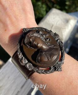 GUTTA PERCHA Antique Victorian Framed Cameo Mourning Cuff Bracelet