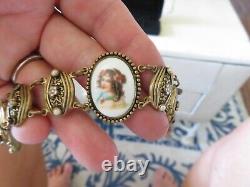 Gorgeous Victorian Woman Blk & Wht Seed Pearls & Enamel Bracelet Mourning