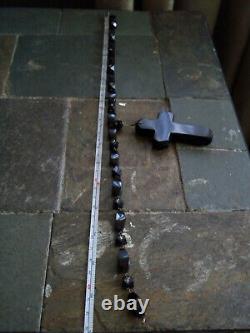 Huge rare NECKLACE LARGE CARVED bakelite BLACK CROSS PENDANT VICTORIAN beads