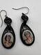 Jy24- Victorian Whitby Jet Cameo Type Portrait Earrings Mourning Jewelry Dangle