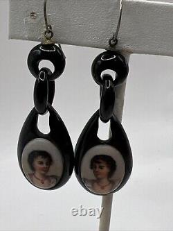 Jy24- Victorian Whitby Jet Cameo Type Portrait Earrings Mourning Jewelry Dangle