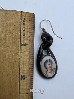 Jy24- Victorian Whitby Jet Cameo Type Portrait Earrings Mourning Jewelry Dangle