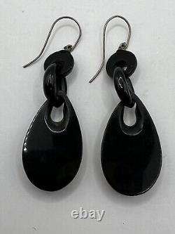 Jy24- Victorian Whitby Jet Cameo Type Portrait Earrings Mourning Jewelry Dangle