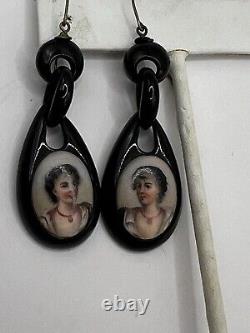 Jy24- Victorian Whitby Jet Cameo Type Portrait Earrings Mourning Jewelry Dangle