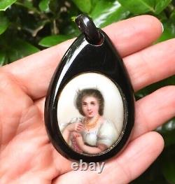 Large Antique Whitby Jet & Porcelain Portrait Pendant Victorian Mourning Jewelry