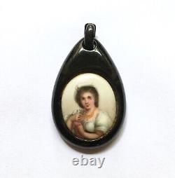 Large Antique Whitby Jet & Porcelain Portrait Pendant Victorian Mourning Jewelry