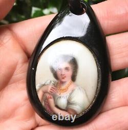 Large Antique Whitby Jet & Porcelain Portrait Pendant Victorian Mourning Jewelry