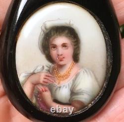 Large Antique Whitby Jet & Porcelain Portrait Pendant Victorian Mourning Jewelry