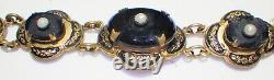 Ornate Antique Victorian Black Onyx & Pearl Brass Mourning Link Snap Bracelet 7