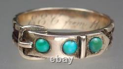Pretty Antique Victorian 9K Gold Turquoise Woven Hair Buckle Mourning Ring Sz 7