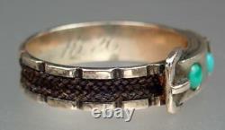 Pretty Antique Victorian 9K Gold Turquoise Woven Hair Buckle Mourning Ring Sz 7