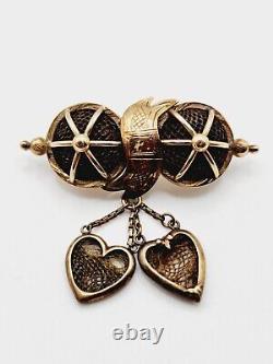 RARE Antique VICTORIAN Hairwork WOVEN HAIR & 14k Gold LOVERS HEARTS Charm PIN