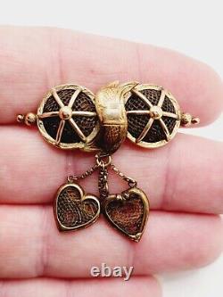 RARE Antique VICTORIAN Hairwork WOVEN HAIR & 14k Gold LOVERS HEARTS Charm PIN