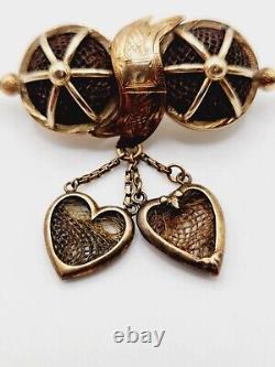 RARE Antique VICTORIAN Hairwork WOVEN HAIR & 14k Gold LOVERS HEARTS Charm PIN