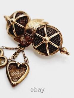 RARE Antique VICTORIAN Hairwork WOVEN HAIR & 14k Gold LOVERS HEARTS Charm PIN