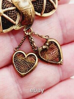 RARE Antique VICTORIAN Hairwork WOVEN HAIR & 14k Gold LOVERS HEARTS Charm PIN