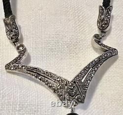 Rare Victorian Woven Hair Sterling Silver Marcasite Onyx Mourning Necklace