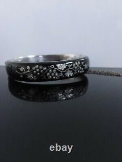 Signed Victorian Austrian Silver & Black Enamel Pearl Mourning Bangle Bracelet