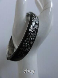 Signed Victorian Austrian Silver & Black Enamel Pearl Mourning Bangle Bracelet