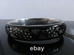 Signed Victorian Austrian Silver & Black Enamel Pearl Mourning Bangle Bracelet