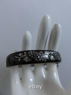 Signed Victorian Austrian Silver & Black Enamel Pearl Mourning Bangle Bracelet