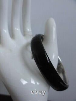 Signed Victorian Austrian Silver & Black Enamel Pearl Mourning Bangle Bracelet