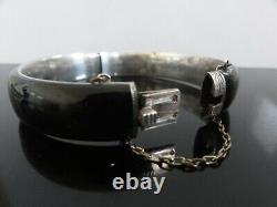 Signed Victorian Austrian Silver & Black Enamel Pearl Mourning Bangle Bracelet