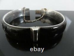 Signed Victorian Austrian Silver & Black Enamel Pearl Mourning Bangle Bracelet