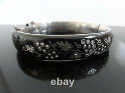 Signed Victorian Austrian Silver & Black Enamel Pearl Mourning Bangle Bracelet