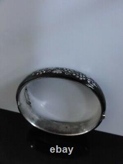 Signed Victorian Austrian Silver & Black Enamel Pearl Mourning Bangle Bracelet