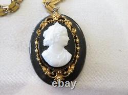 Stunning & Beautiful Long Mourning White Cameo w Black Celluloid Chunky Necklace