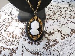 Stunning & Beautiful Long Mourning White Cameo w Black Celluloid Chunky Necklace
