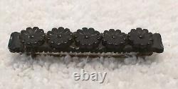 VINTAGE Victorian Whitby Jet Bar Brooch Hand Carved Flowers Pre-Owned