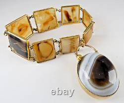 Victorian 10K GOLD Banded Agate PANEL BRACELET Mourning HAIR Scottish FOB Locket