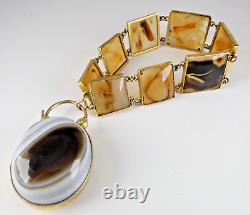 Victorian 10K GOLD Banded Agate PANEL BRACELET Mourning HAIR Scottish FOB Locket