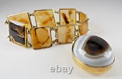 Victorian 10K GOLD Banded Agate PANEL BRACELET Mourning HAIR Scottish FOB Locket