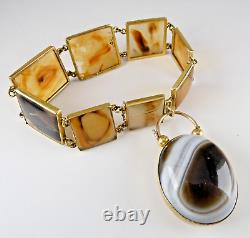 Victorian 10K GOLD Banded Agate PANEL BRACELET Mourning HAIR Scottish FOB Locket