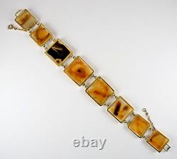 Victorian 10K GOLD Banded Agate PANEL BRACELET Mourning HAIR Scottish FOB Locket