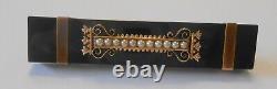 Victorian 10K Yellow Gold Mourning Jewelry Black Onyx Seed Pearl Brooch 58mm