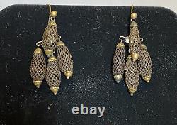 Victorian Antique 14K Gold Hair Mourning Earrings woven chandelier dangling 19C