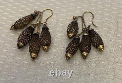Victorian Antique 14K Gold Hair Mourning Earrings woven chandelier dangling 19C