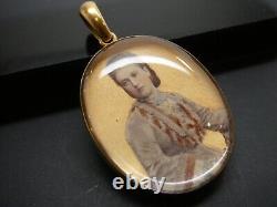 Victorian Antique 14k Yellow Gold Hair Mourning Photo Crystal Oval Pendant