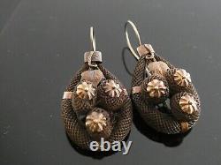 Victorian Antique 9K Yellow Gold Woven Hair Mourning Drop Dangle Earrings