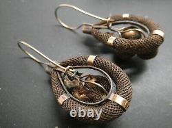 Victorian Antique 9K Yellow Gold Woven Hair Mourning Drop Dangle Earrings