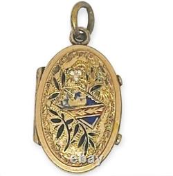 Victorian Antique Enamel Mourning Locket W Photos Tin Gold Filled Pendant