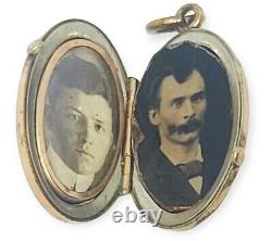 Victorian Antique Enamel Mourning Locket W Photos Tin Gold Filled Pendant